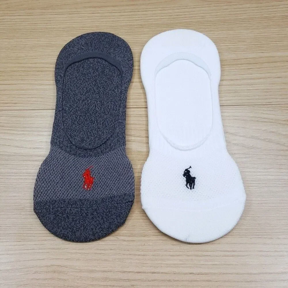 POLO RALPH LAUREN No Show Liner Socks Mens Gray White 2-Pack Pony Logo